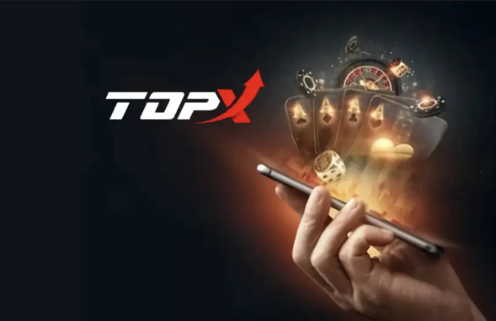 Celular escuro cercado por cartas e fichas, arte de marca da TopX