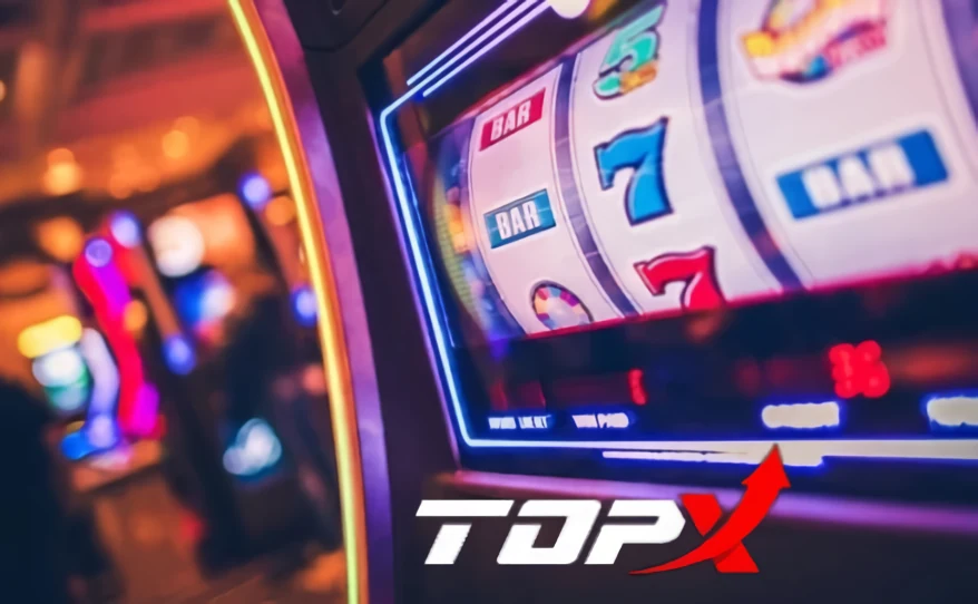Rolos de uma máquina caça-níqueis iluminada, arte de marca da TopX
